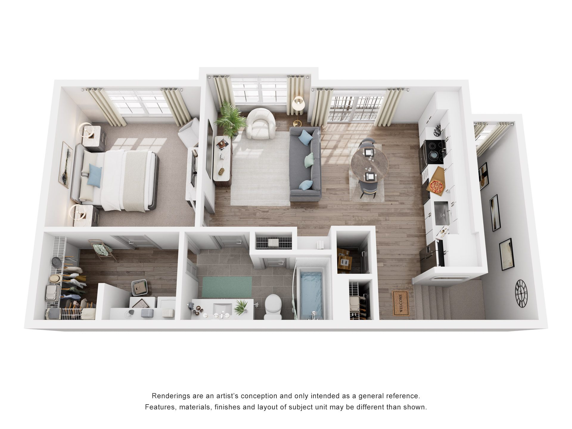 Floor plan for 1 bed, 1 bath, 699 sqft